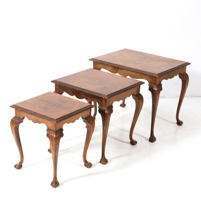 Chippendale Style Burl Walnut Nesting Tables, 1920s, Set of 3-MY-1804481