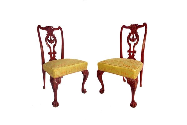 Chippendale Style Red Lacquered Rosewood Chairs, 1880s, Set of 2-CEJ-626678