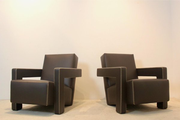 Chocolate Brown Leather Utrecht Lounge Chairs by Gerrit Rietveld for Cassina, 1980s, Set of 2-MO-1718896