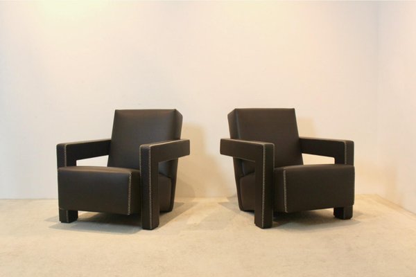 Chocolate Brown Leather Utrecht Lounge Chairs by Gerrit Rietveld for Cassina, 1980s, Set of 2-MO-1718896