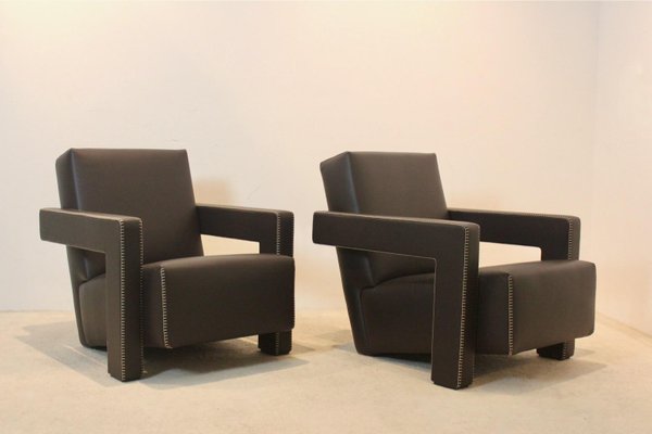 Chocolate Brown Leather Utrecht Lounge Chairs by Gerrit Rietveld for Cassina, 1980s, Set of 2-MO-1718896