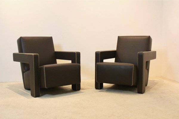 Chocolate Brown Leather Utrecht Lounge Chairs by Gerrit Rietveld for Cassina, 1980s, Set of 2-MO-1718896