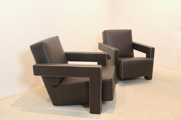 Chocolate Brown Leather Utrecht Lounge Chairs by Gerrit Rietveld for Cassina, 1980s, Set of 2-MO-1718896