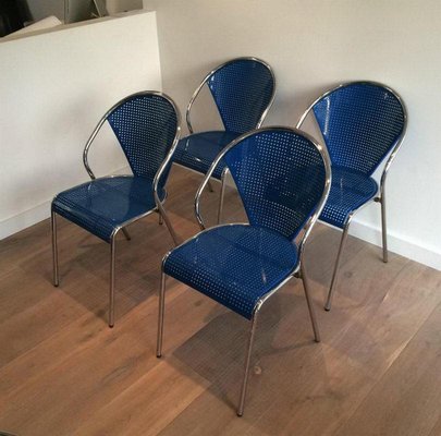 Chrome and Blue Lacquered Perforated Metal Chairs, 1980s, Set of 4-BA-658625