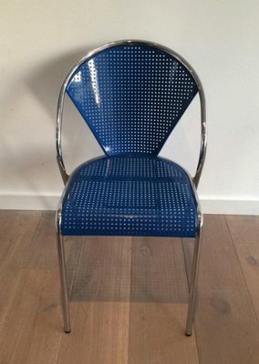 Chrome and Blue Lacquered Perforated Metal Chairs, 1980s, Set of 4-BA-658625