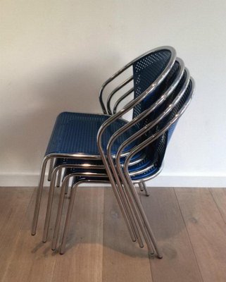 Chrome and Blue Lacquered Perforated Metal Chairs, 1980s, Set of 4-BA-658625