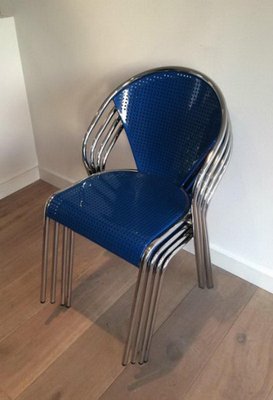 Chrome and Blue Lacquered Perforated Metal Chairs, 1980s, Set of 4-BA-658625