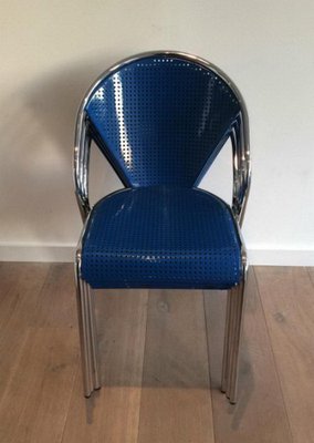 Chrome and Blue Lacquered Perforated Metal Chairs, 1980s, Set of 4-BA-658625