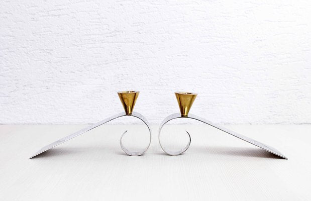 Chrome and Brass Metal Basket Candleholders, 1980s, Set of 2-BQF-1421644