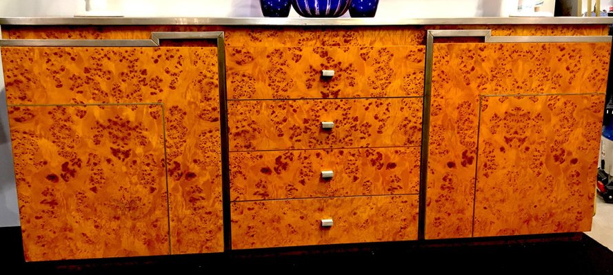 Chrome and Burl Wood Credenza, Italy, 1970-MBH-1032328