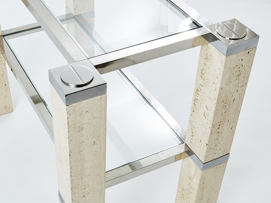 Chrome and Travertine Console Tables by François Catroux, 1973, Set of 2-YJA-1783668