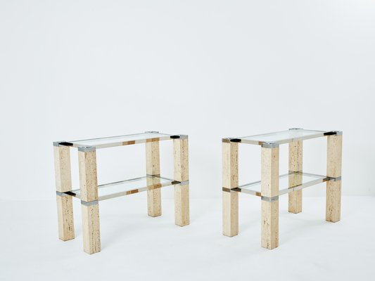 Chrome and Travertine Console Tables by François Catroux, 1973, Set of 2-YJA-1783668