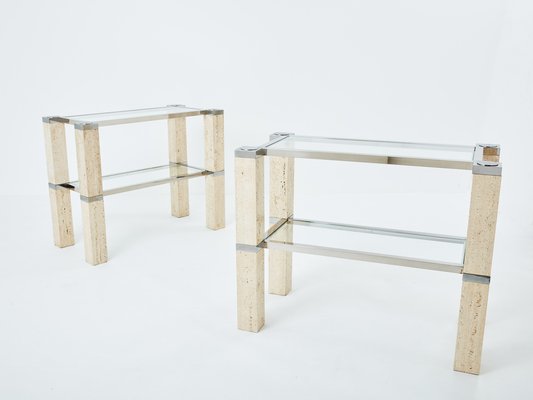 Chrome and Travertine Console Tables by François Catroux, 1973, Set of 2-YJA-1783668