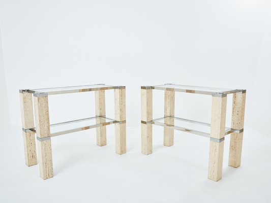 Chrome and Travertine Console Tables by François Catroux, 1973, Set of 2-YJA-1783668