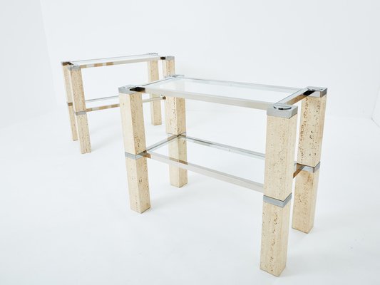 Chrome and Travertine Console Tables by François Catroux, 1973, Set of 2-YJA-1783668