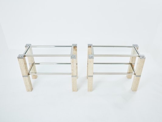 Chrome and Travertine Console Tables by François Catroux, 1973, Set of 2-YJA-1783668