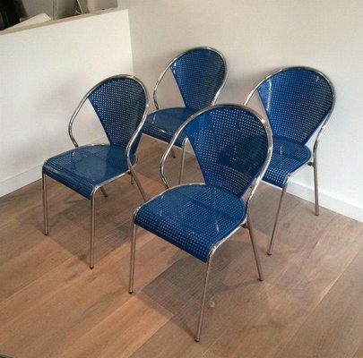 Chrome Chairs with Perforated with Blue Lacquered Metal, 1980s, Set of 4-BA-1365641