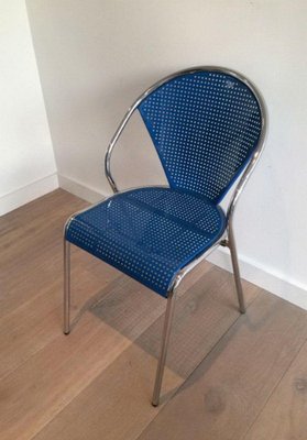 Chrome Chairs with Perforated with Blue Lacquered Metal, 1980s, Set of 4-BA-1365641