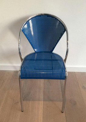 Chrome Chairs with Perforated with Blue Lacquered Metal, 1980s, Set of 4-BA-1365641