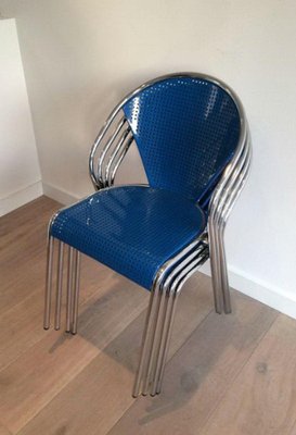 Chrome Chairs with Perforated with Blue Lacquered Metal, 1980s, Set of 4-BA-1365641