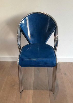 Chrome Chairs with Perforated with Blue Lacquered Metal, 1980s, Set of 4-BA-1365641