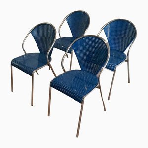 Chrome Chairs with Perforated with Blue Lacquered Metal, 1980s, Set of 4-BA-1365641