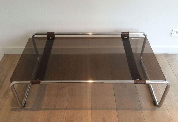 Chrome, Leather and Smoked Glass Coffee Table-BA-1365828