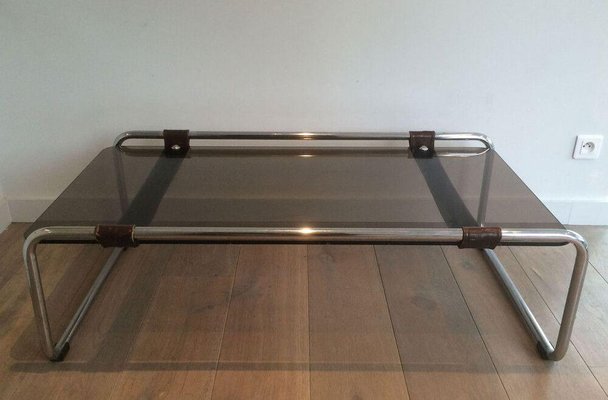 Chrome, Leather and Smoked Glass Coffee Table-BA-1365828