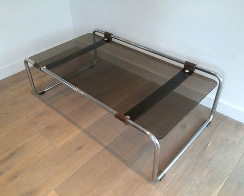 Chrome, Leather and Smoked Glass Coffee Table-BA-1365828