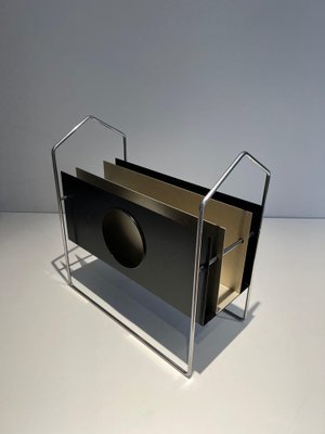 Chrome Magazine Rack with Black and White Lacquered Metal, 1970s-BA-1615865