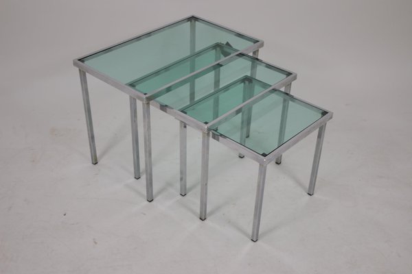 Chrome Nesting Tables with Blue Clear Glass, Set of 3-EZZ-704399