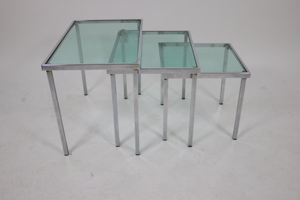 Chrome Nesting Tables with Blue Clear Glass, Set of 3-EZZ-704399