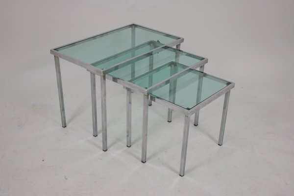 Chrome Nesting Tables with Blue Clear Glass, Set of 3-EZZ-704399