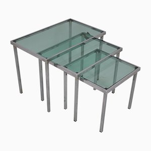 Chrome Nesting Tables with Blue Clear Glass, Set of 3-EZZ-704399