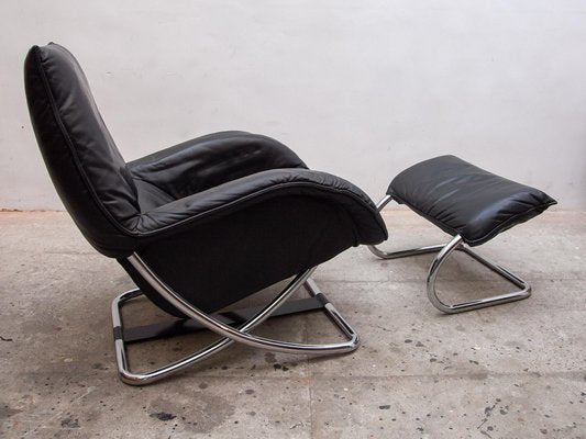 Chrome Rocking Lounge Chair with Footstool by Robert Haussmann, 1980s, Set of 2-KL-1627385