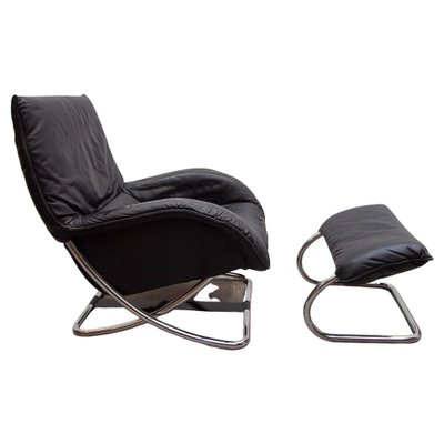 Chrome Rocking Lounge Chair with Footstool by Robert Haussmann, 1980s, Set of 2-KL-1627385