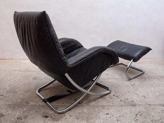 Chrome Rocking Lounge Chair with Footstool by Robert Haussmann, 1980s, Set of 2-KL-1627385