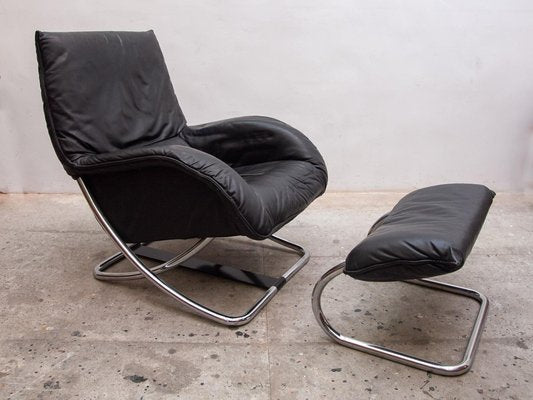 Chrome Rocking Lounge Chair with Footstool by Robert Haussmann, 1980s, Set of 2-KL-1627385