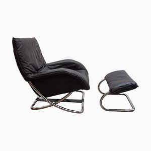 Chrome Rocking Lounge Chair with Footstool by Robert Haussmann, 1980s, Set of 2-KL-1627385