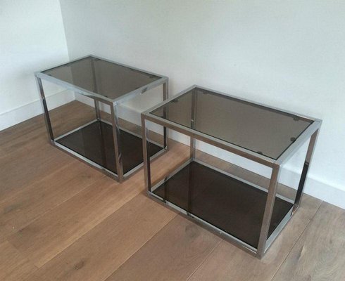 Chrome Side Tables with Smoked Glass, 1970s, Set of 2-BA-658609