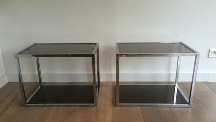 Chrome Side Tables with Smoked Glass, 1970s, Set of 2-BA-658609