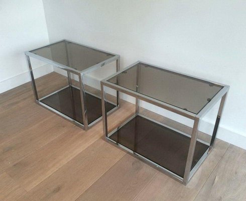 Chrome Sofa End Tables with Smoked Glass Trays, 1970s, Set of 2-BA-1365615