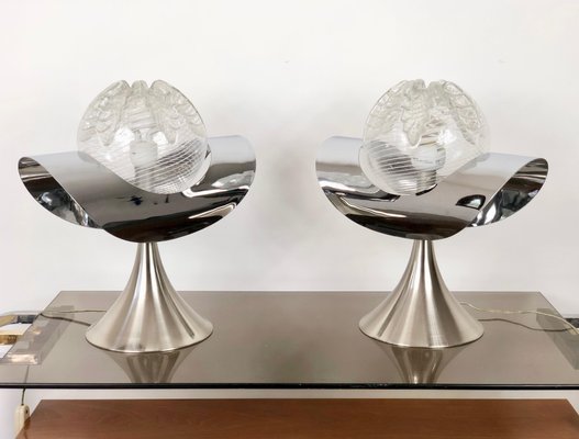 Chrome, Steel & Glass Table Lamp, Italy, 1970s, Set of 2-LYQ-1171786