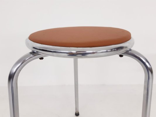 Chrome Stools with Cognac Leather Seating, 1960s, Set of 3-ZO-725719