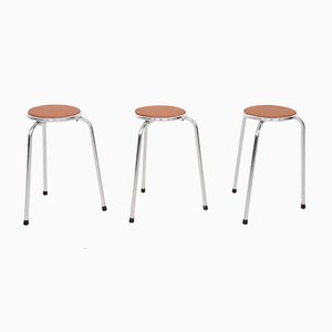 Chrome Stools with Cognac Leather Seating, 1960s, Set of 3-ZO-725719