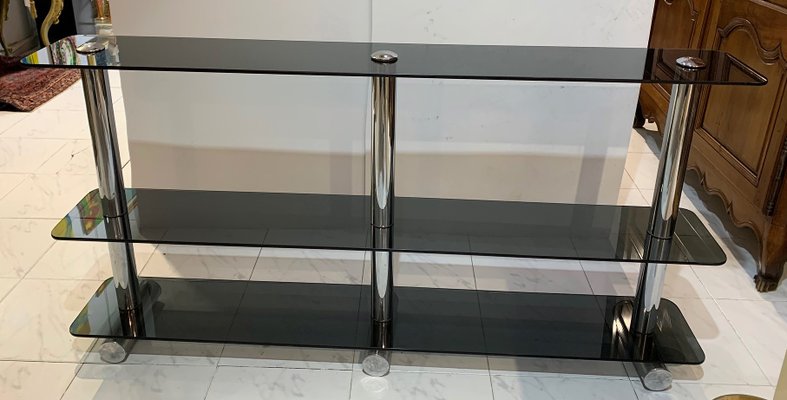 Chromed Metal and Smoked Glass Shelf, 1970s-IKW-828728