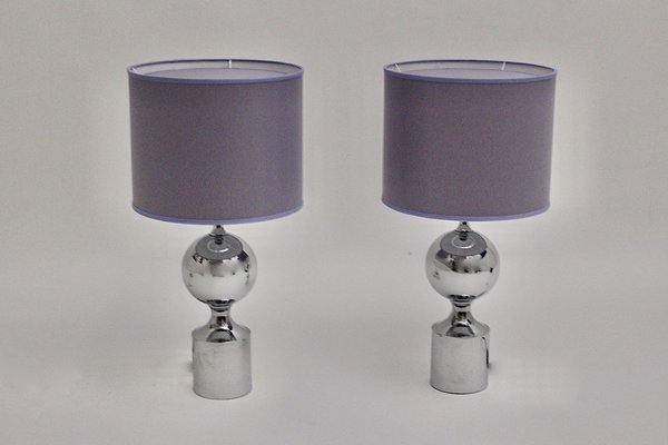 Chromed Table Lamps with Lavender Chintz Shades, 1960s, Set of 2-NB-852970