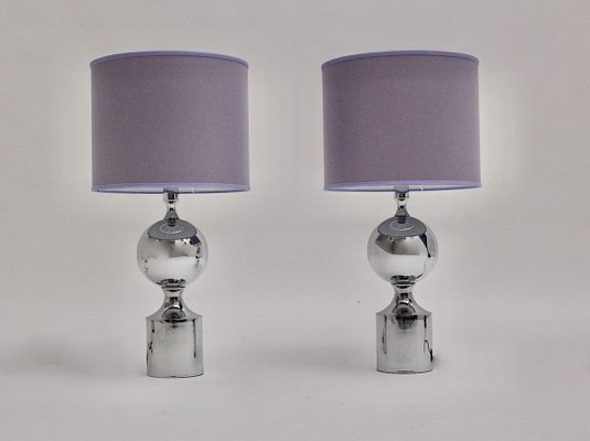 Chromed Table Lamps with Lavender Chintz Shades, 1960s, Set of 2-NB-852970