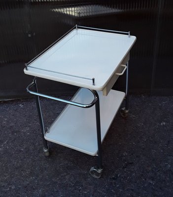 Chromed Tubular Steel Trolley with White Coated Chipboard Drawer & 2 White Formica Shelves, 1970s-HOI-909054