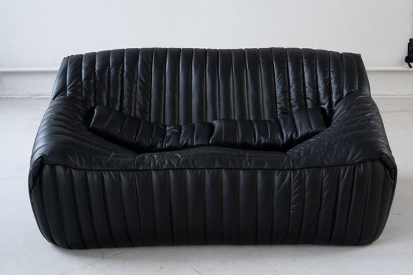 Cinna Ligne Roset Black Leather 2-Seater attributed to Annie Hieronimus, 1970s-IXA-1789868